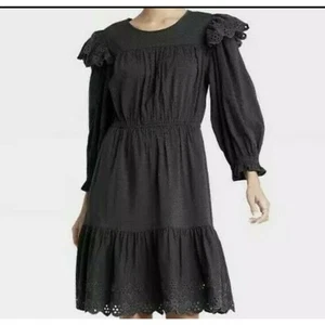 Universal Thread Women's Large Ruffle Long Sleeve Dress Black W/Pockets NWT - Picture 1 of 8