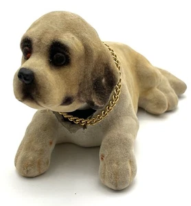 Vintage Flocked Bull Mastif Dog Bobble Head Dashboard Figurine Gold Chain Collar - Picture 1 of 7