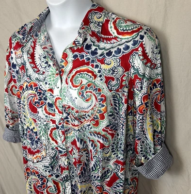 CHAPS Womens Plus 1X NO IRON Shirt Paisley Button Up Blouse Top 3/4 Sleeve - Image 1 of 4