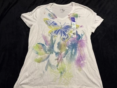 Just My Size Shirt Womens 1X 16W White Butterfly Graphic V Neck Plus Size Tee - Image 1 of 4
