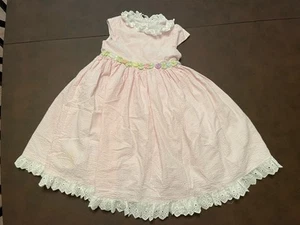 VTG Laura Ashley Girls Striped Seersucker Dress Size 5 Pink Lined Eyelet Trim - Picture 1 of 9