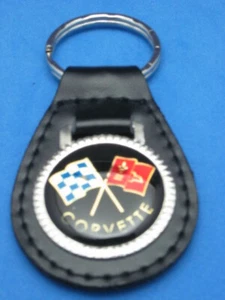 CHEVROLET CORVETTE FLAGS BLACK LEATHER KEYRING KEYFOB #012 - Picture 1 of 1