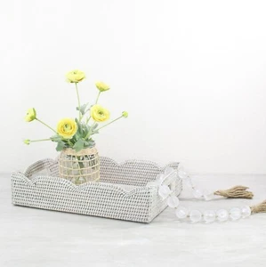 NEW Waved Edge Tight Woven Rattan Tray with Handles, Medium, Whitewash - Picture 1 of 6