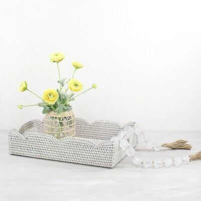 NEW Waved Edge Tight Woven Rattan Tray with Handles, Medium, Whitewash - Image 1 of 4