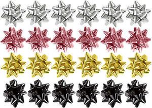 24 x Gift Bows Mini Foil Black, Silver, Pink & Gold Self Adhesive Presents - 4cm