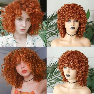 Moda Pelucas Cortas Naranja Afro Grandes Hinchables Onda Suelta Rizada con Flequillo Pelucas de Fiesta Foto 1 de 4