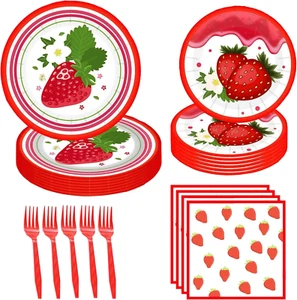 96 Pcs Strawberry Paper Plate Sets, Strawberry Theme Birthday Party Supplies Ban - Picture 1 of 7