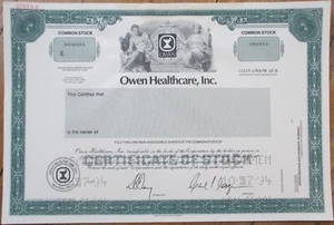 Certificado de existencias de muestra de Owen Healthcare 1994, billete de banco estadounidense Ambn - Imagen 1 de 1