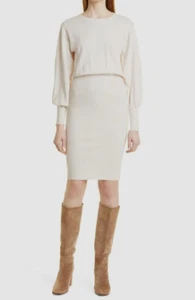 $295 Toccin NY Women's Ivory Wool Long Sleeve Rib-Knit Sweater Dress Size S - Picture 1 of 5
