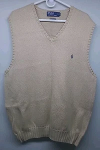 Vintage Polo Ralph Lauren Pullover Weste Herren XL Elfenbein V-Ausschnitt Pulli Blau Pony - Bild 1 von 4