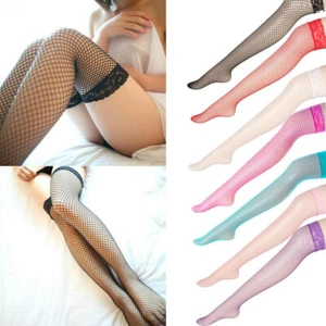 Elastic Knee High Black Red Thigh Socks Sheer Hollow LACE TOP FISHNET STOCKINGS - Picture 1 of 15