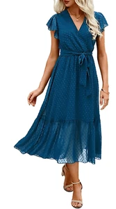 NEW Boho Wrap V Neck Ruffle Cap Sleeve Swiss Dot S NO BELT - Picture 1 of 6