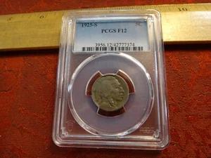 1925-S United States Buffalo Nickel 5c PCGS Graded F 12 - Free S&H USA - Picture 1 of 5