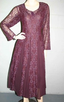 S Vtg 80s LACE BOHO Midi Dress Purple Plum India Sheer Rayon LINED Starina - Image 1 of 4