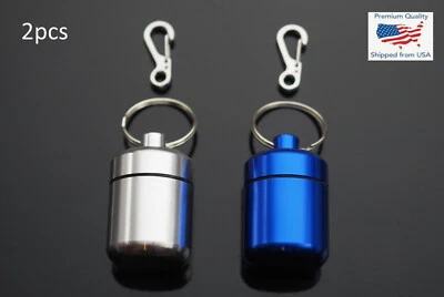 2 PCS Waterproof 1" Wide Pill Capsule Bottle Keychain & Clip - Silver & Blue