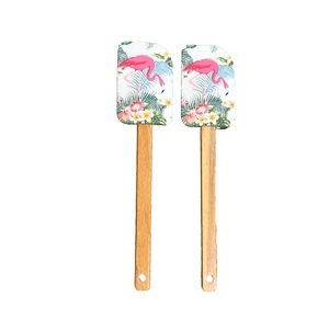 White Flamingo Wooden Handle Silicone Scrapper/Stirring Spatula Set Of 2 - Picture 1 of 2