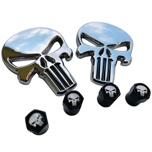2x Chrome 3D Metal Punisher Decal Sticker Emblem & Wheel Tire Tyre Valve Caps - Picture 1 of 2