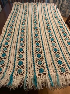Vtg Hand Crocheted Afghan Throw Blue White Floral Fringed 42 x 72 Granny Core - Picture 1 of 3