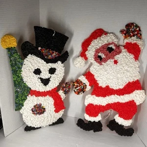 Vintage Christmas Melted Plastic Popcorn Santa & Snowman Set of 2 - Picture 1 of 3