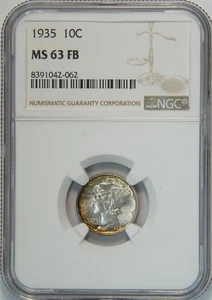 1935 Mercury Silver Dime Golden Rainbow Toning MS 63 FB NGC 10C US COIN - Foto 1 di 4