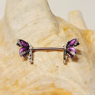 Par de barras de mamilo de aço cirúrgico com extremidades de asa de borboleta 14G com esmalte roxo - Imagem 1 de 4