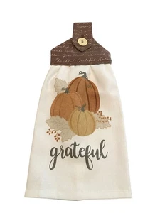 Fall Handmade Hanging Dishtowel "Grateful" With Pumpkin Patch Design White Towel - Picture 1 of 5