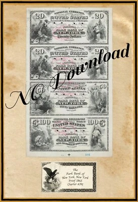 COPY 1865 Proof $20$50-$100 The Park Natl Bank City of New York NY Charter #391 - Image 1 of 2