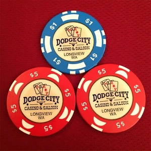 Lotto chip poker $1 + $5 Dodge City Casino Saloon & Card Room Longview WA obsoleti - Foto 1 di 1