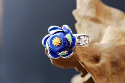 D10 Anello Fiore Di Lapislazzuli Blu 925 Argento Sterling Regolabile - Immagine 1 di 4