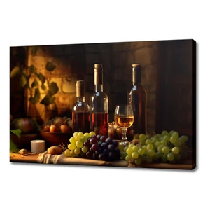 Vintage Wine Bottles Grapes Kitchen Winery Decor Framed Canvas Print Wall Art - Picture 1 of 10