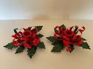 (2) Vintage Department 56 Holly Ribbon Taper Candle Holders Red/Green Metal 7” - Picture 1 of 6