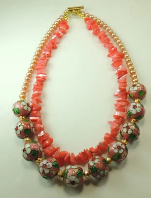 Statement 2 Strand Cloisonne Pearl Shell Necklace Handcrafted Jewelry Wedding  - Image 1 of 2