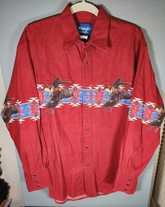Vintage Wrangler Western Shirt Horses Red Pearl Snap Button Up Cowboy Size L - Picture 1 of 10