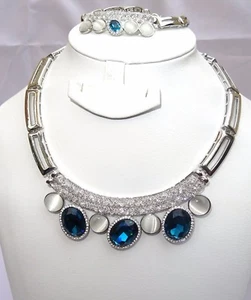 Beautiful Mid night Blue Quality Silver Plated Necklace Bracelet Bridal Jewelry - Picture 1 of 6