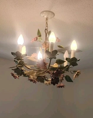 Lámpara de araña Tole 6 brazos estilo italiano siglo XX, flores rosa amarillo blanco Foto 1 de 4