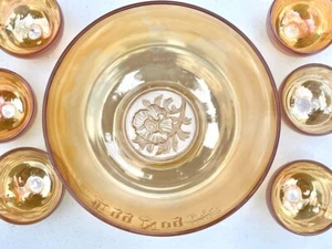 Glass Egg Nog Punch Bowl Set Holiday New Year Jeanette Peach Lustre Carnival - Picture 1 of 10