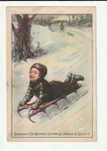 Victorian Trade Card Western Southern Life Insurance Boy Sled Snow Winter Ohio - Picture 1 of 2