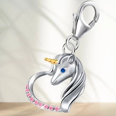 Pferd Einhorn Herz Karabiner Charm 925 Sterling-Silber Anhänger für Armband - Bild 1 von 4