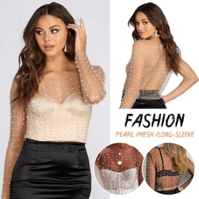 Womens Rhinestone Pearl Mesh See-through Long Sleeve Lace Tops Blouse Tee Nude - Image 1 of 4