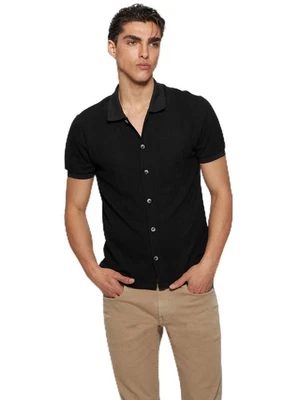 GUESS Men's Short Sleeve Joshua Soft Knit Regular Fit Shirt, Jet Black Medium - Image 1 of 4