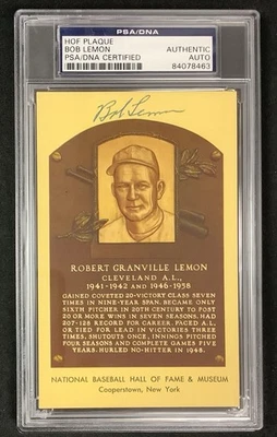Bob Lemon Signed Gold HOF Plaque Indians Postcard, Yellow Autograph PSA/DNA - Image 1 of 2