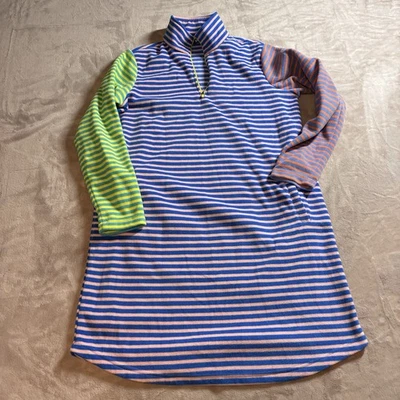 Lands’ End Women’s M Striped Fleece Colorblock Pullover Dress Mock Neck Pockets - Image 1 of 4
