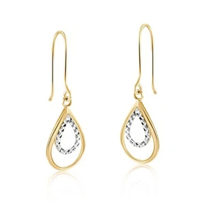 Double Teardrop Drop Earrings 9ct Yellow and White Gold Drops Hallmarked - Picture 1 of 5