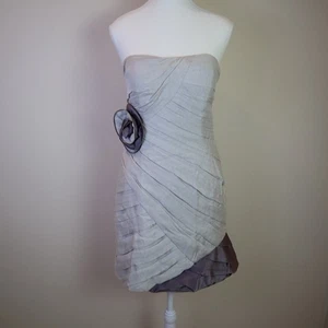 Bariano Black Collection Strapless Cocktail Mini Dress Silver Sz 12 Rose Detail - Picture 1 of 9