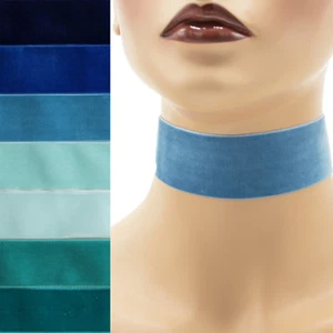 Blue or Teal Velvet Choker 1.5 inch (36 - 38 mm) wide custom adjustable necklace - Picture 1 of 13