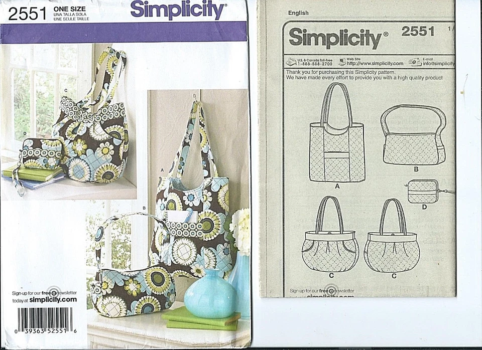 S 2551 sewing pattern Designer Style HANDBAG PURSE Tote BAG Craft sew Chic UNCUT - Image 1 of 1
