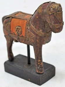 Vintage Wooden Horse Figurine on Stand Original Old Hand Carved Brass Fitted - Picture 1 of 8