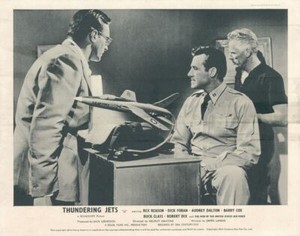 Thundering Jets original lobby card Rex Reason in front of USAF model in office