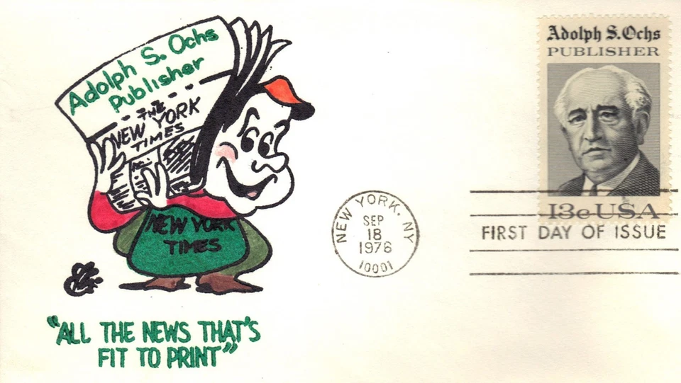 USA HAND PAINTED RICHARD ELLIS ANIMATED CACHET FDC 1976 ADOLPH OCHS - Image 1 of 1