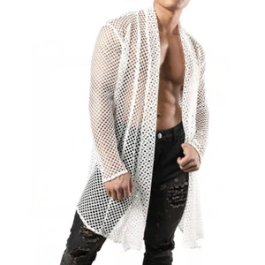 Men See-Through Mesh Net Gown Robe Fishnet Shirt Long Sleeve Open Front Top Sexy - Picture 1 of 13